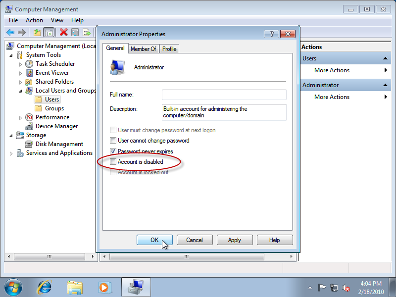 how to login with administrator in vista